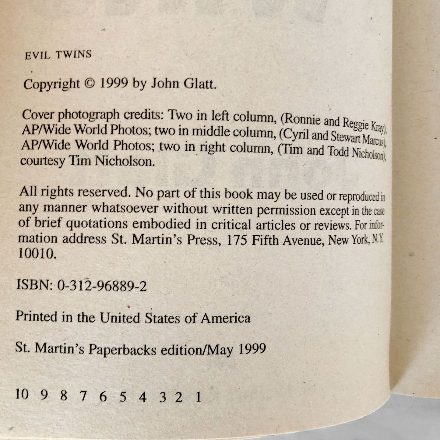 Evil Twins: Chilling True Stories of Twins, Killing & Insanity by John Glatt [FIRST EDITION / 1999]