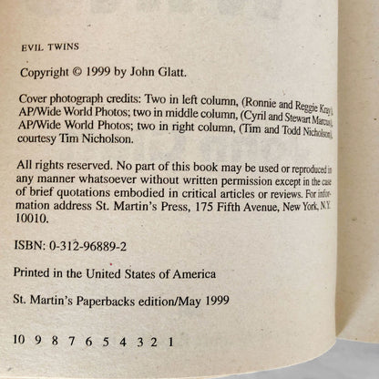 Evil Twins: Chilling True Stories of Twins, Killing & Insanity by John Glatt [FIRST EDITION / 1999]
