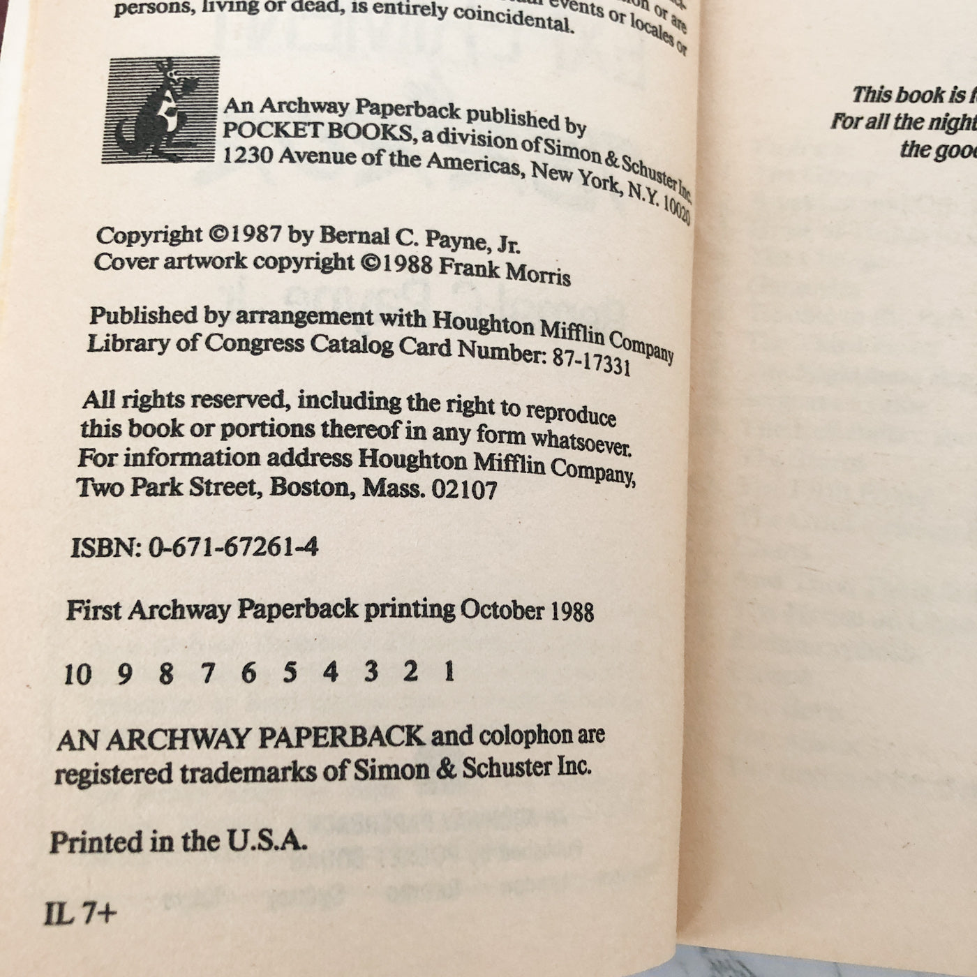 Experiment in Terror by Bernal C. Payne Jr. [1988 PAPERBACK]