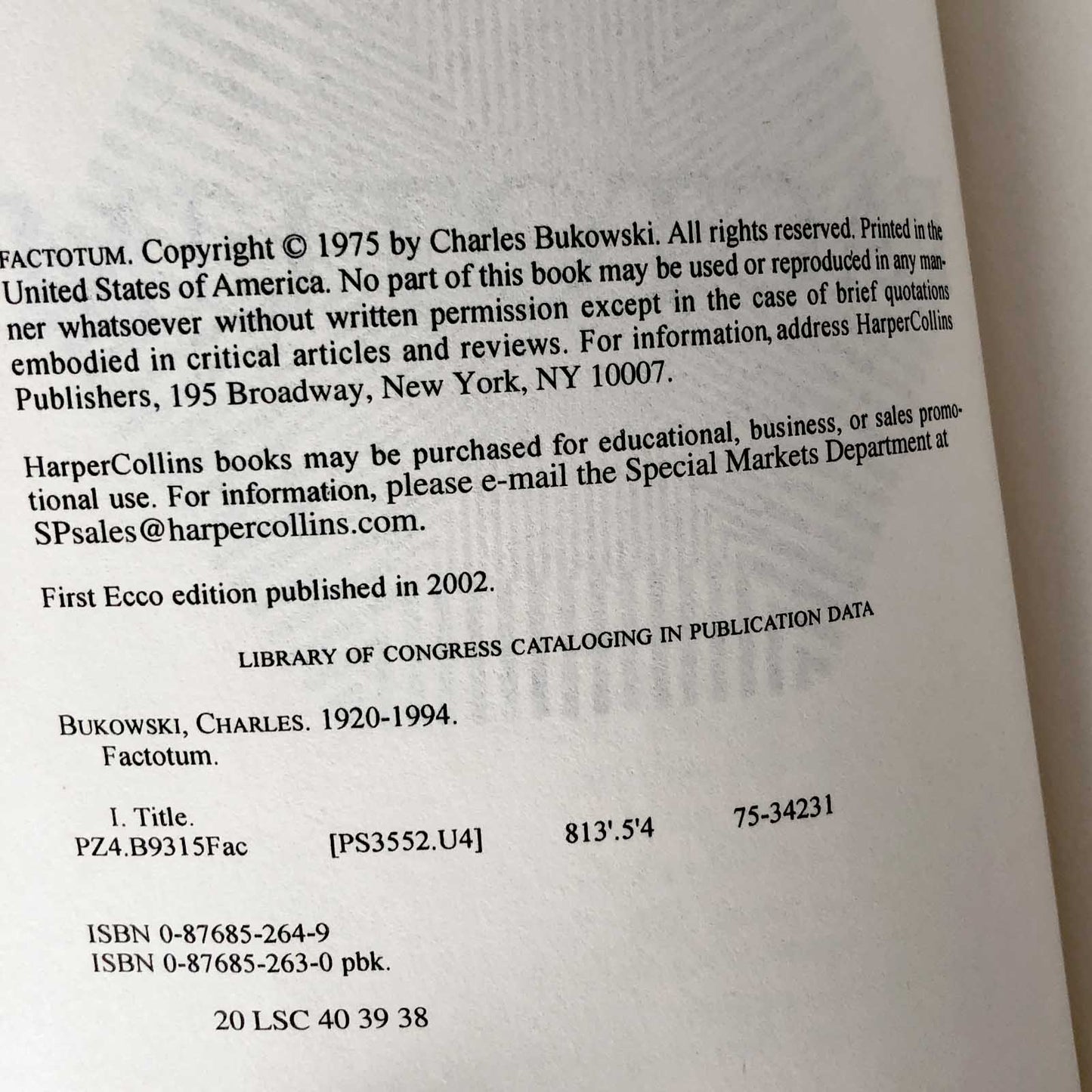 Factotum by Charles Bukowski [ECCO TRADE PAPERBACK] 2002