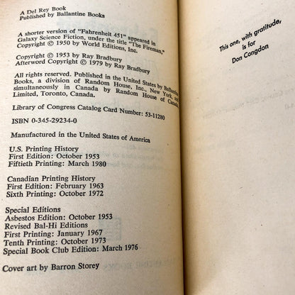 Fahrenheit 451 by Ray Bradbury [1980 PAPERBACK] Rare Barron Storey Cover • Del-Rey
