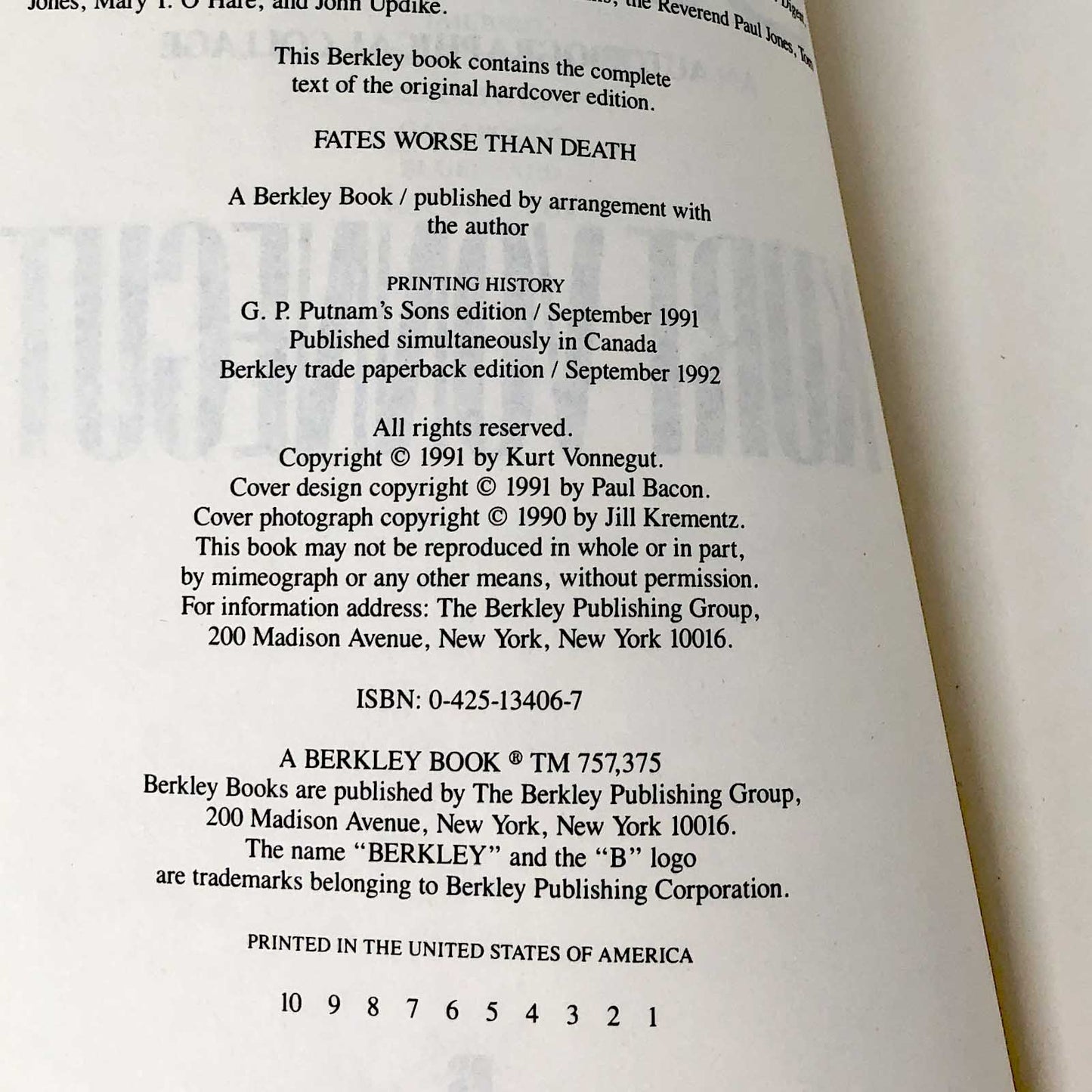 Fates Worse Than Death by Kurt Vonnegut [FIRST PAPERBACK PRINTING] 1992 • Berkley