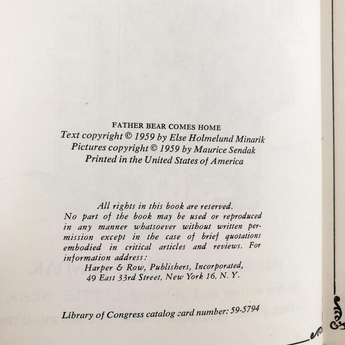 Father Bear Comes Home [Little Bear #2] by Else Holmelund Minarik & Maurice Sendak [FIRST EDITION / 1959]