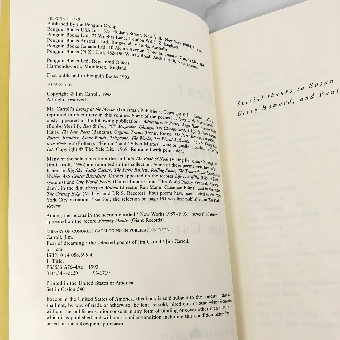 Fear of Dreaming : The Selected Poems of Jim Carroll [FIRST EDITION TRADE PAPERBACK] 1993