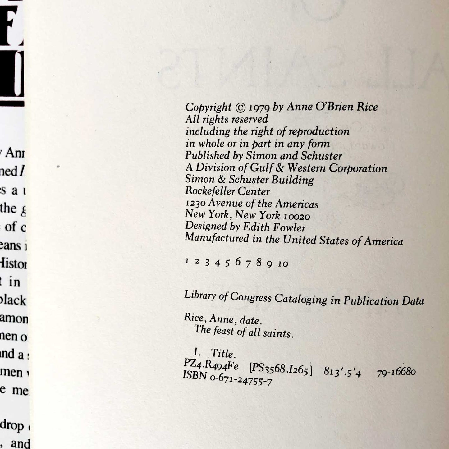 The Feast of All Saints by Anne Rice [FIRST EDITION / FIRST PRINTING] 1979