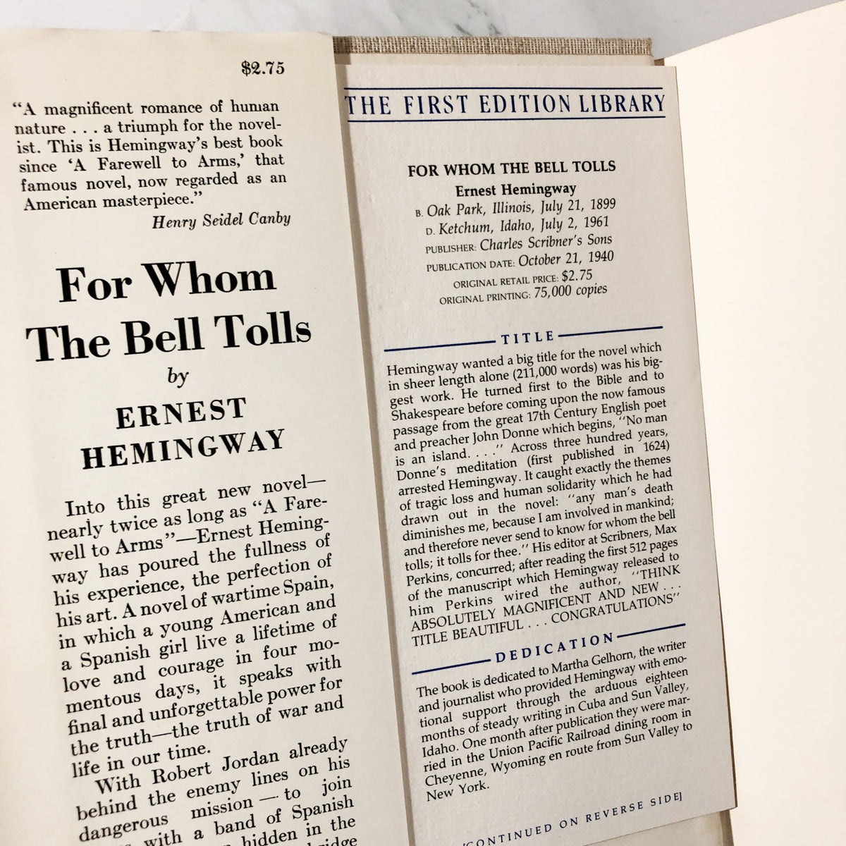 For Whom the Bell Tolls by Ernest Hemingway [FIRST EDITION FACSIMILE 1968] - Bookshop Apocalypse