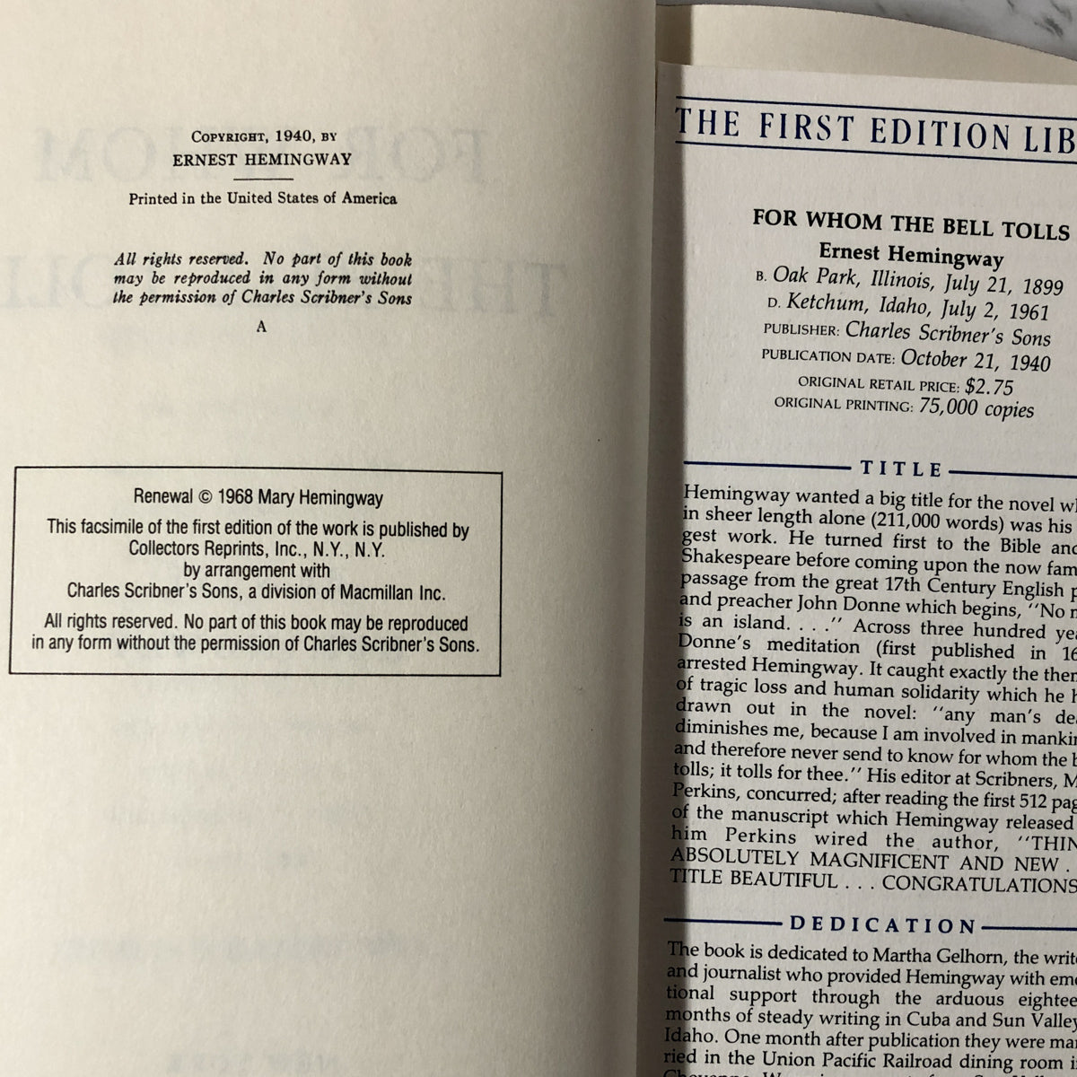 For Whom the Bell Tolls by Ernest Hemingway [FIRST EDITION FACSIMILE 1968] - Bookshop Apocalypse