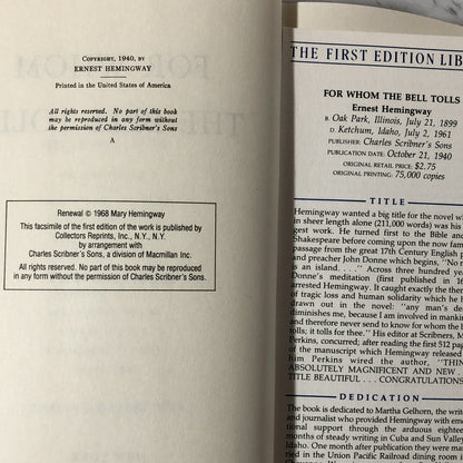 For Whom the Bell Tolls by Ernest Hemingway [FIRST EDITION FACSIMILE 1968] - Bookshop Apocalypse