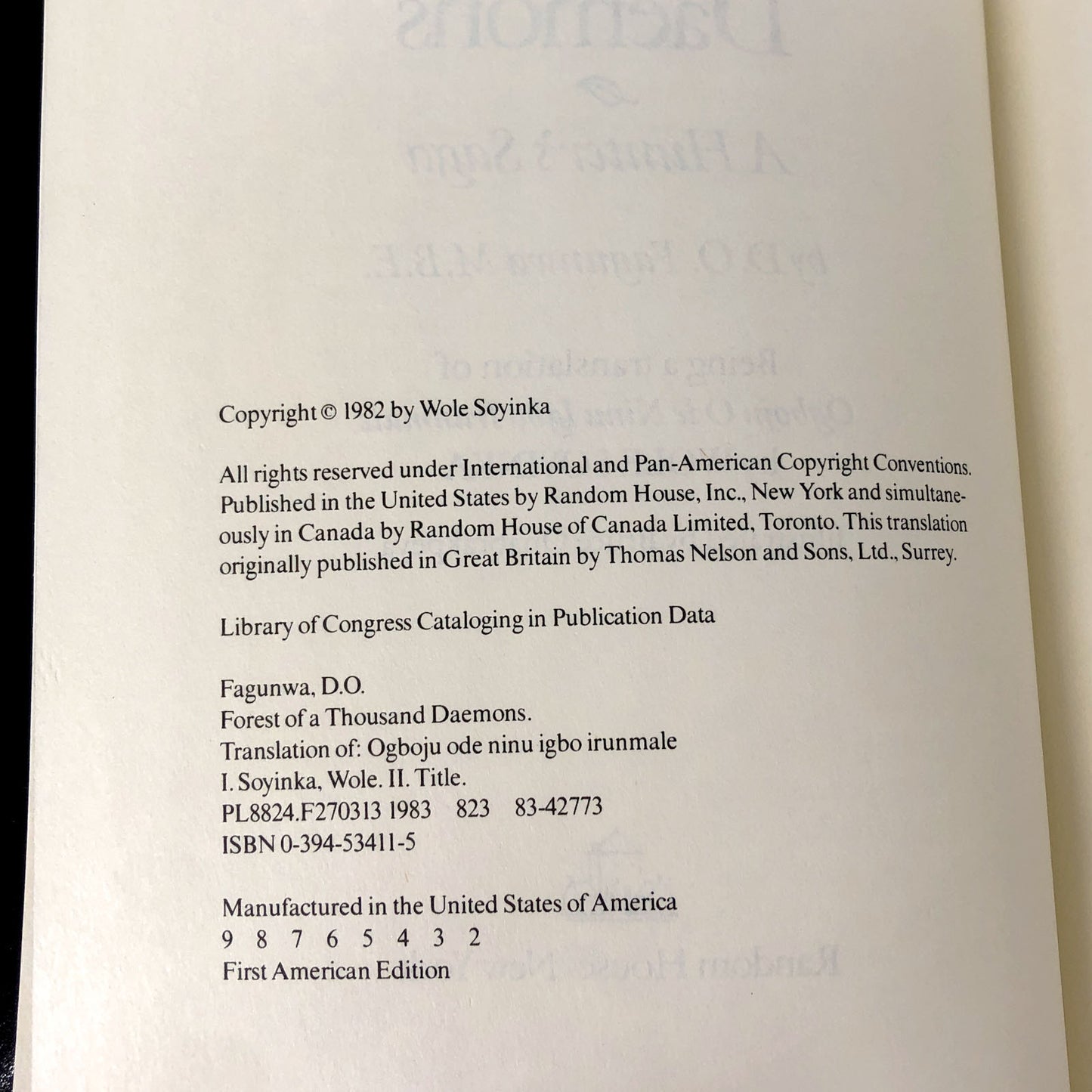 Forest of a Thousand Daemons: A Hunter's Saga by D.O. Fagunwa [U.S. FIRST EDITION] 1983