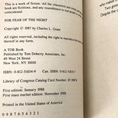 For Fear of the Night by Charles L. Grant [FIRST PAPERBACK PRINTING] 1988