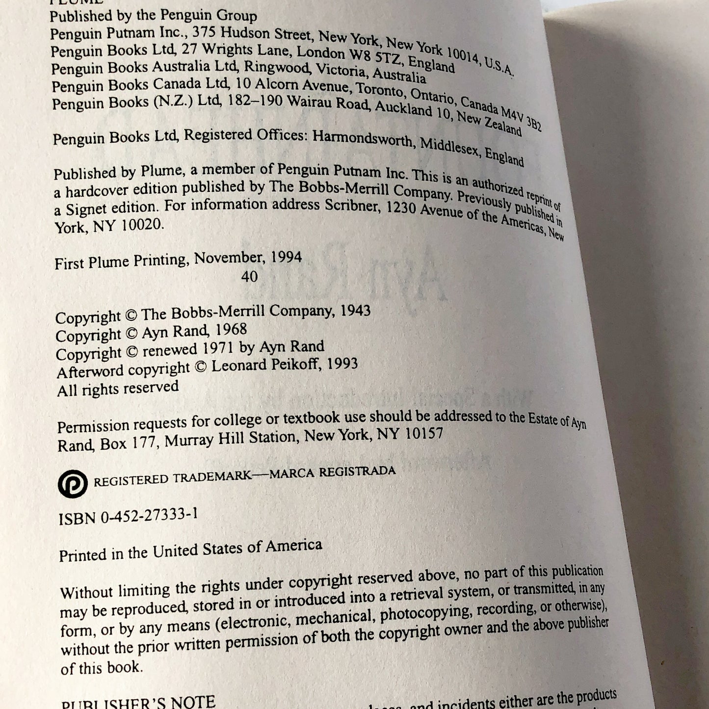 The Fountainhead by Ayn Rand [PLUME XL TRADE PAPERBACK / 1994]