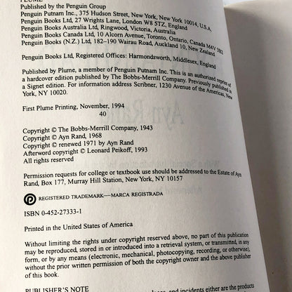 The Fountainhead by Ayn Rand [PLUME XL TRADE PAPERBACK / 1994]