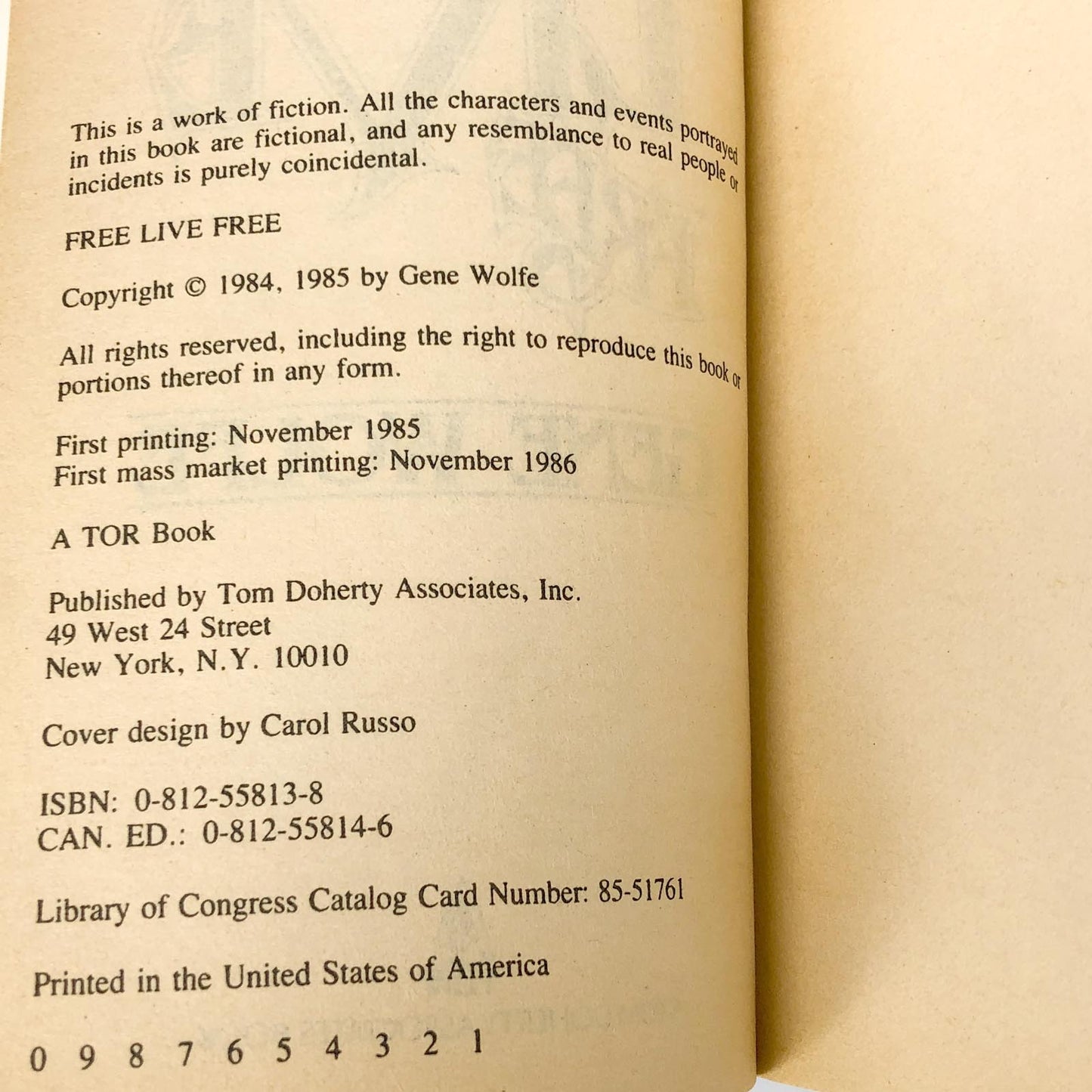 Free Live Free by Gene Wolfe [FIRST PAPERBACK PRINTING] 1986