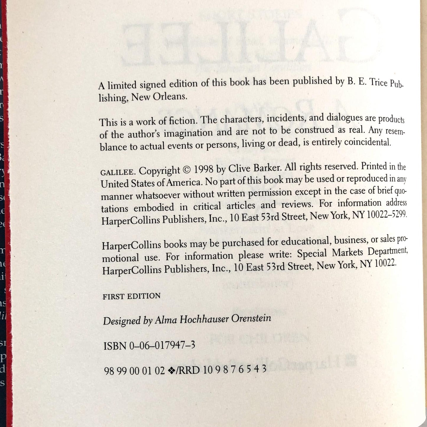 Galilee by Clive Barker [FIRST EDITION] 1998