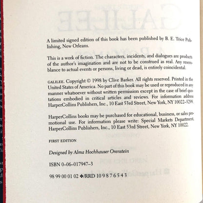 Galilee by Clive Barker [FIRST EDITION] 1998