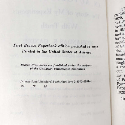 An Autobiography: The Story of My Experiments with Truth by Mohandas "Mahatma" K. Gandhi [FIRST EDITION PAPERBACK] 1957