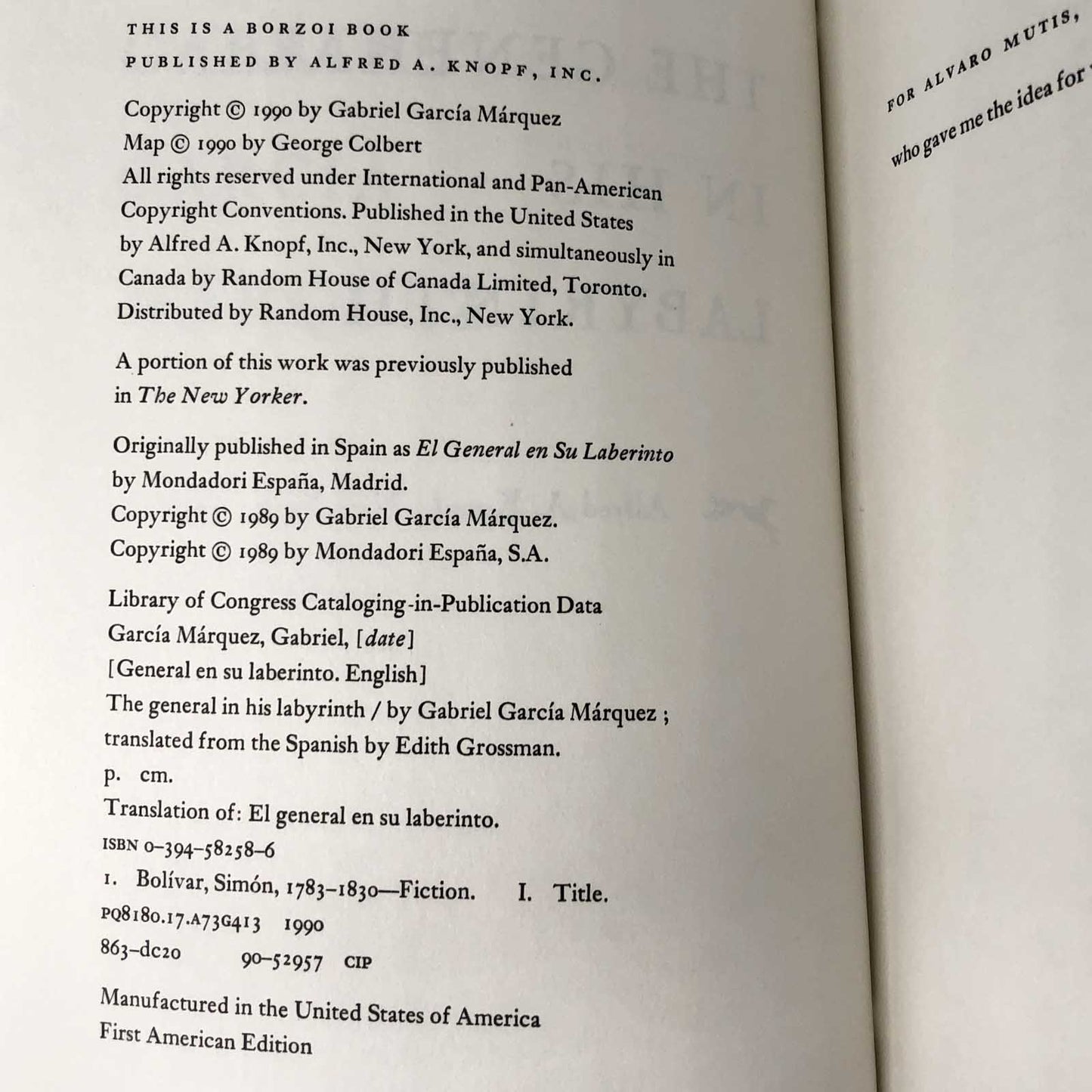 The General in His Labyrinth by Gabriel García Márquez [FIRST EDITION / FIRST PRINTING]