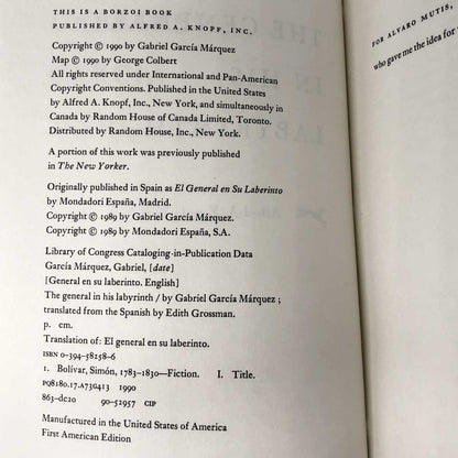 The General in His Labyrinth by Gabriel García Márquez [FIRST EDITION / FIRST PRINTING]