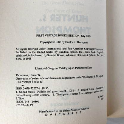 Generation of Swine: Tales of Shame & Degradation by Hunter S. Thompson - Bookshop Apocalypse