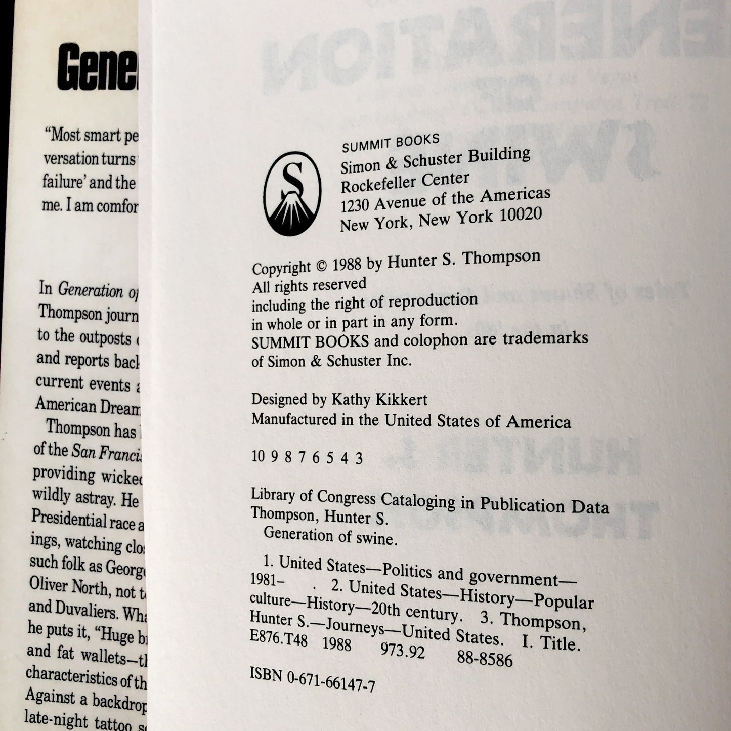 Generation of Swine: Tales of Shame & Degradation by Hunter S. Thompson [FIRST EDITION / 1988]