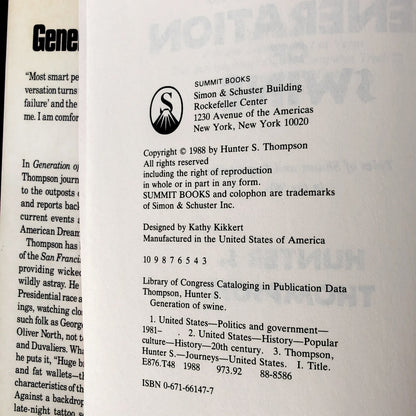 Generation of Swine: Tales of Shame & Degradation by Hunter S. Thompson [FIRST EDITION / 1988]