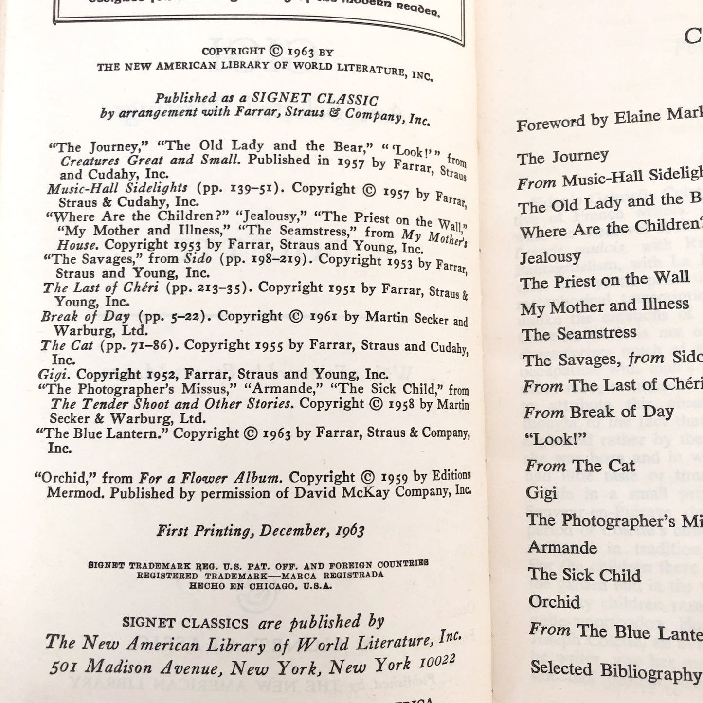 Gigi & Selected Writings by Colette [1963 PAPERBACK]