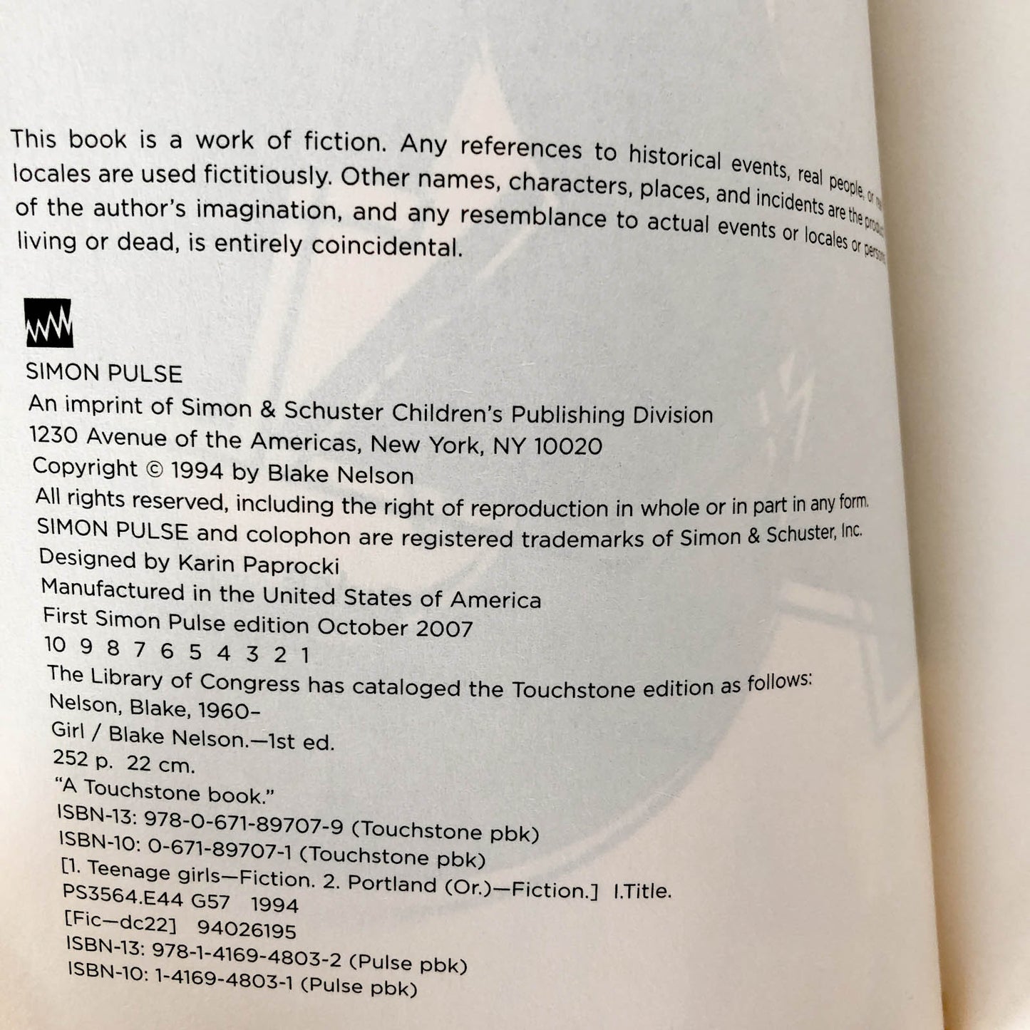 Girl by Blake Nelson [TRADE PAPERBACK / 2007]