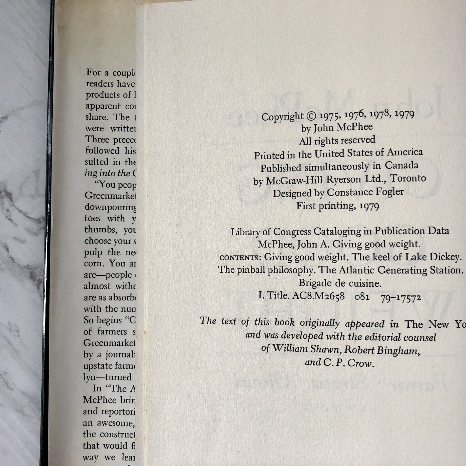 Giving Good Weight by John McPhee [FIRST EDITION / FIRST PRINTING] - Bookshop Apocalypse