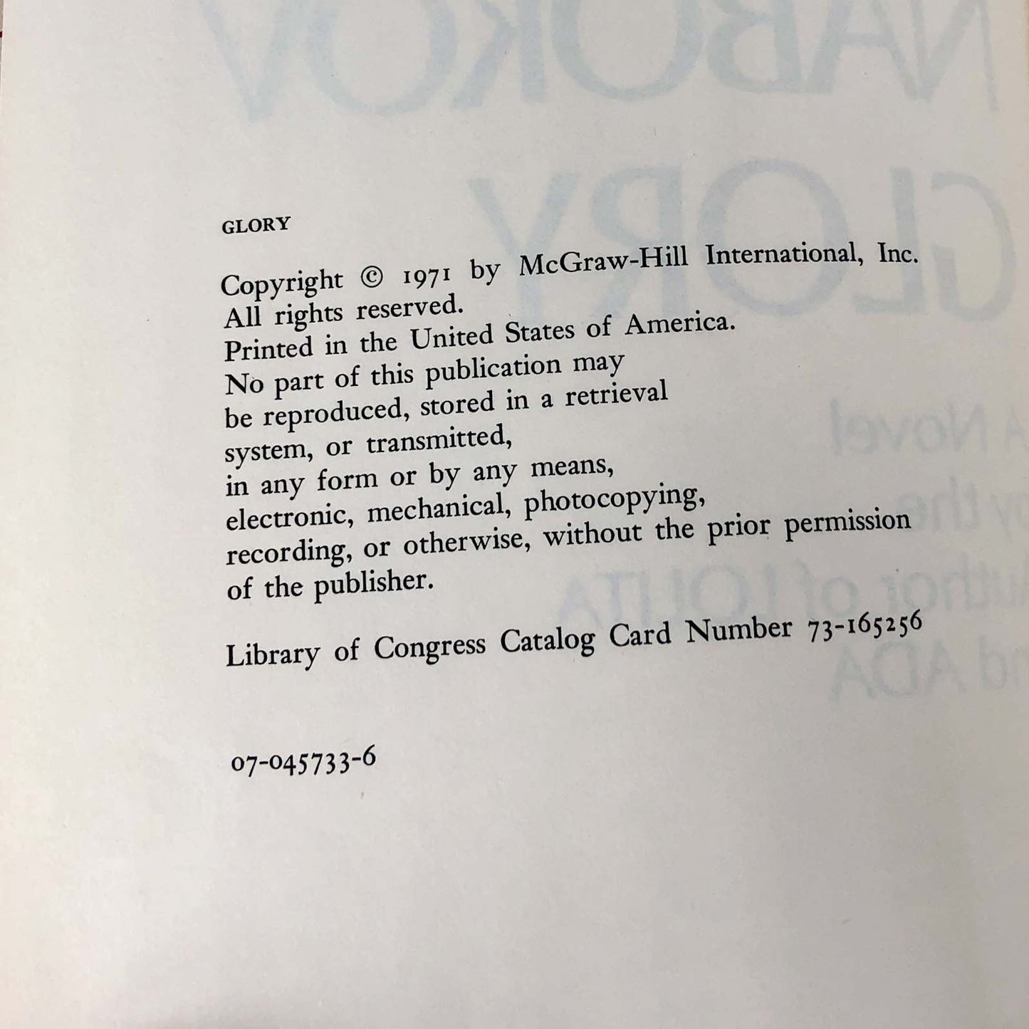 Glory by Vladimir Nabokov [FIRST BOOK CLUB EDITION] 1971