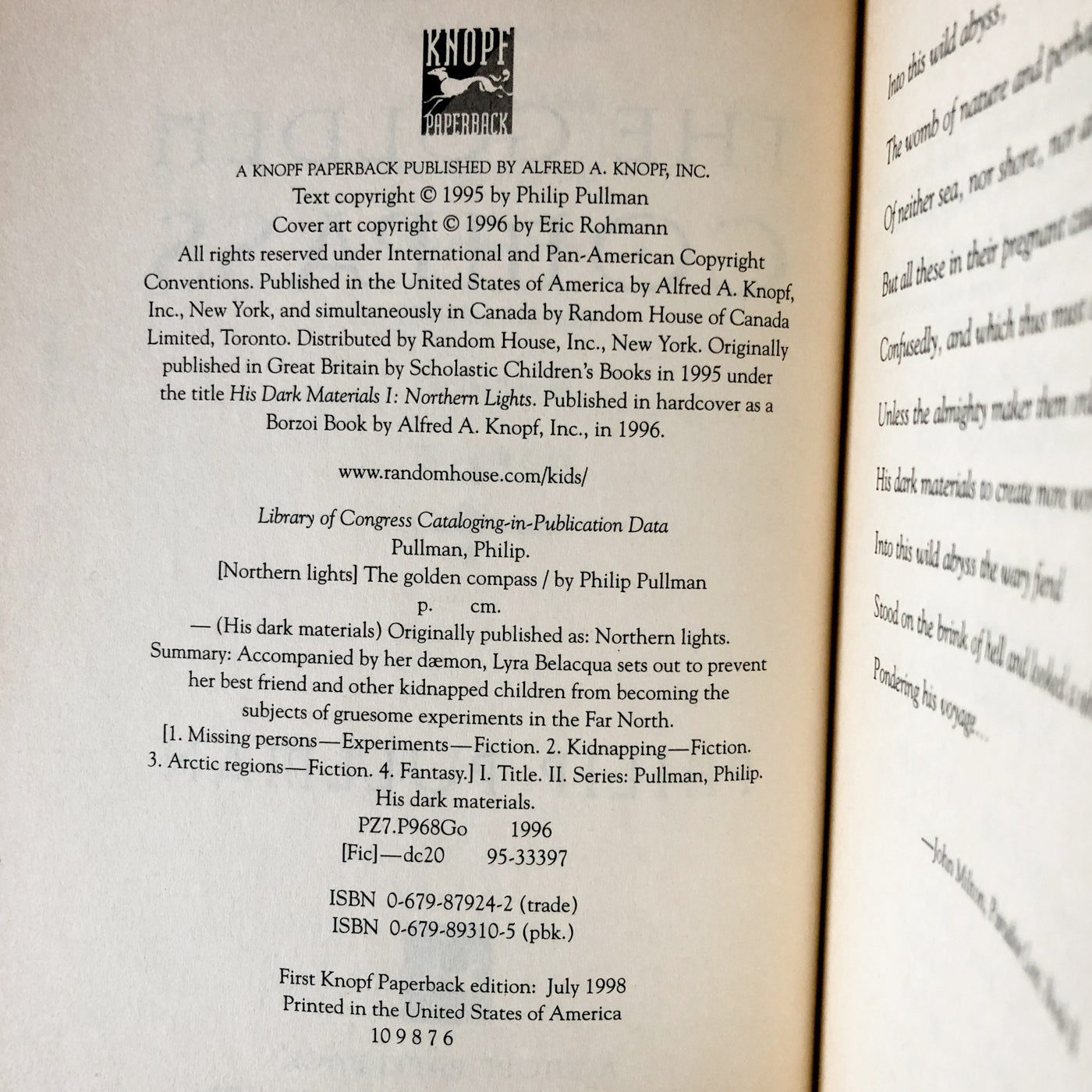 The Golden Compass by Philip Pullman [TRADE PAPERBACK / 1998]