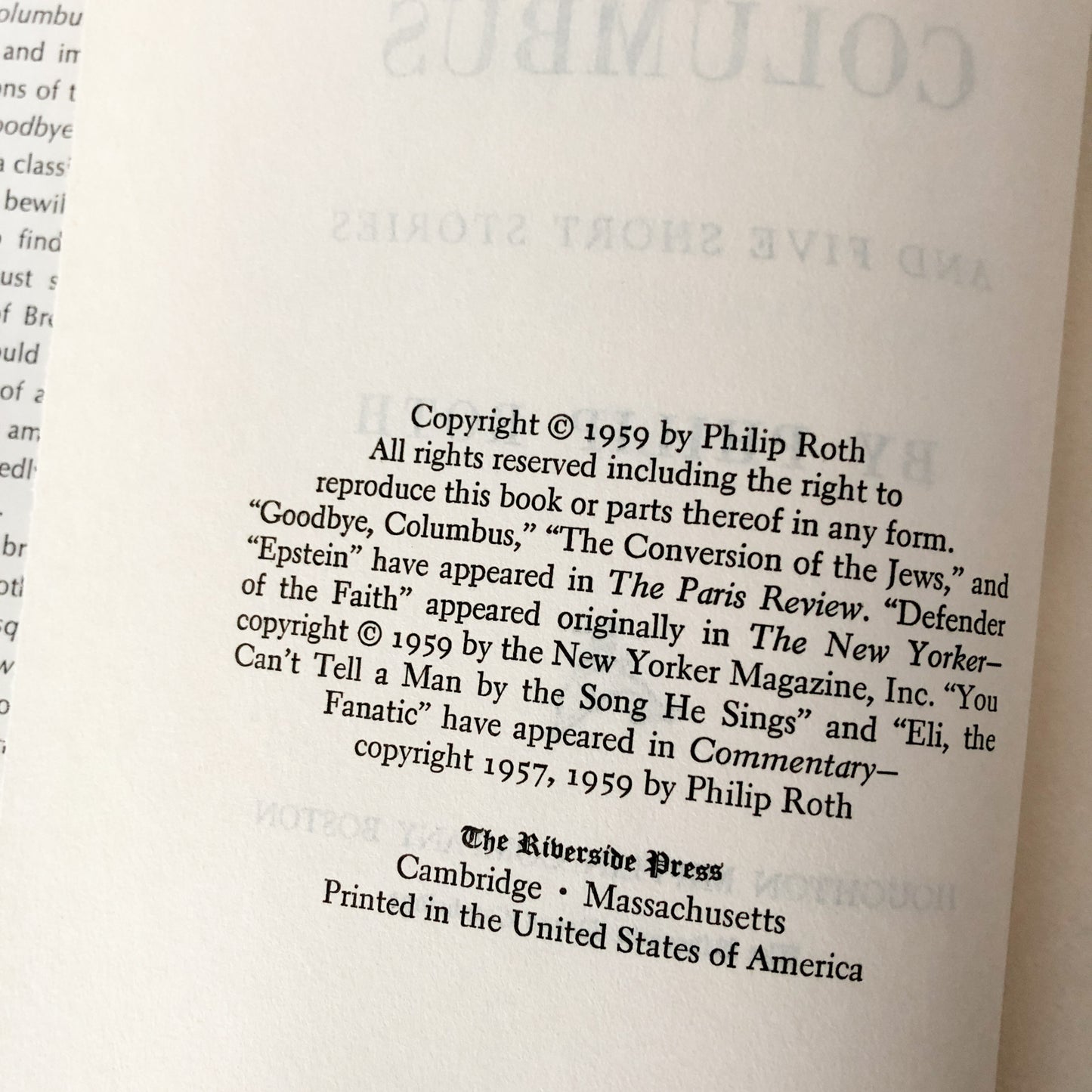 Goodbye Columbus & Five Short Stories by Philip Roth [FIRST BOOK CLUB EDITION / 1959]