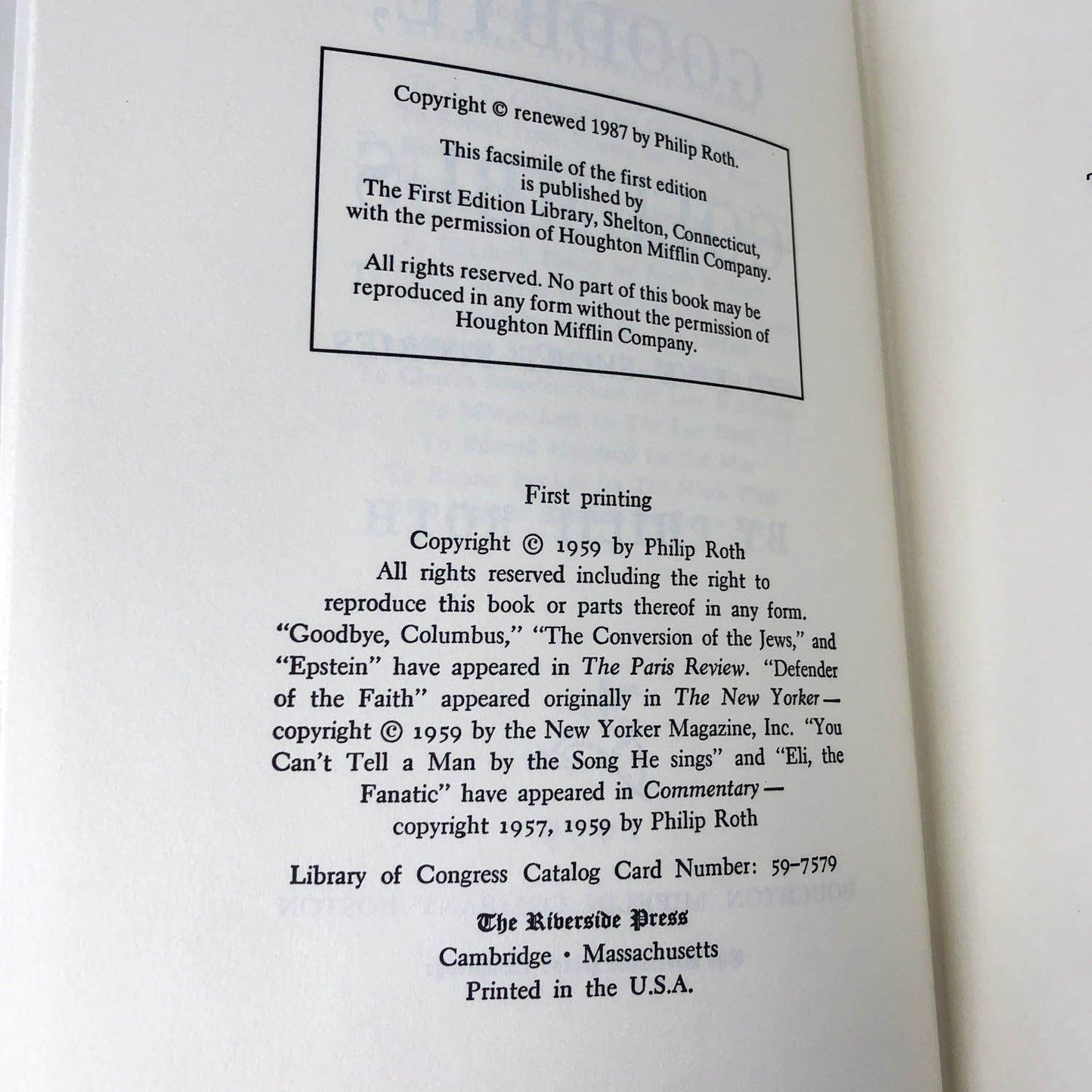 Goodbye Columbus & Five Short Stories by Philip Roth [FIRST EDITION FACSIMILE] 1987 • The First Edition Library