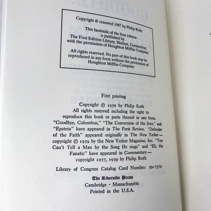 Goodbye Columbus & Five Short Stories by Philip Roth [FIRST EDITION FACSIMILE] 1987 • The First Edition Library