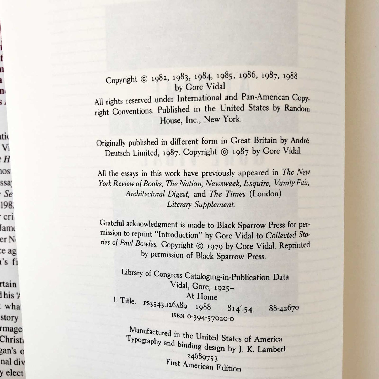 At Home: Essays 1982-1988 by Gore Vidal [FIRST EDITION / 1988]