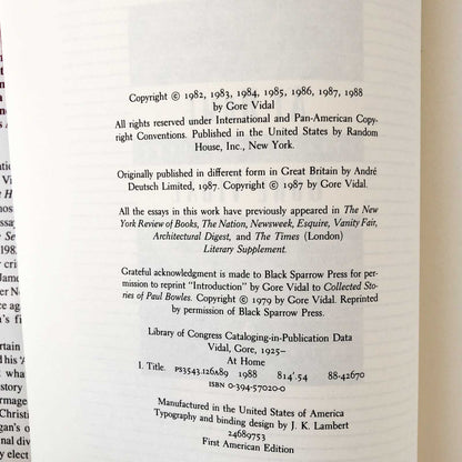At Home: Essays 1982-1988 by Gore Vidal [FIRST EDITION / 1988]