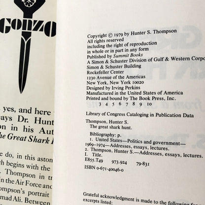 The Great Shark Hunt by Hunter S. Thompson [FIRST EDITION / 1979]