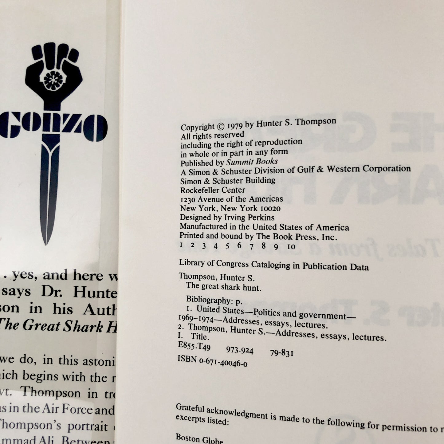 The Great Shark Hunt by Hunter S. Thompson [FIRST EDITION / FIRST PRINTING] 1979 ❧ Summit Books