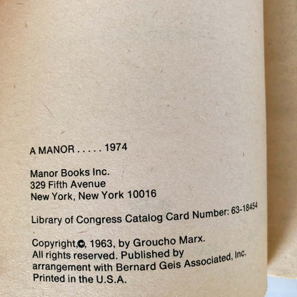 Memoirs Of A Mangy Lover by Groucho Marx [1974 PAPERBACK]