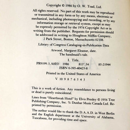 The Handmaid's Tale by Margaret Atwood [U.S. FIRST EDITION] 1988 • 3rd Printing