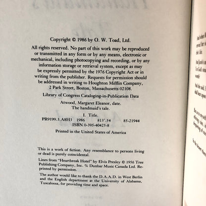 The Handmaid's Tale by Margaret Atwood [FIRST BOOK CLUB EDITION / 1986]