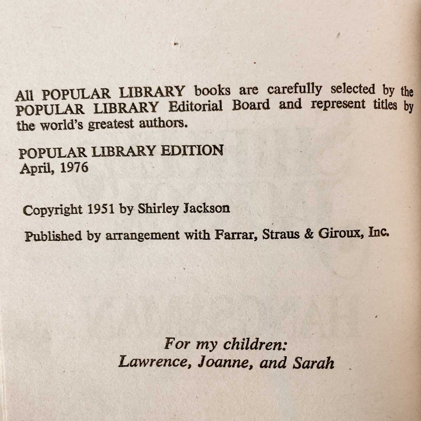 Hangsaman by Shirley Jackson [1976 PAPERBACK]