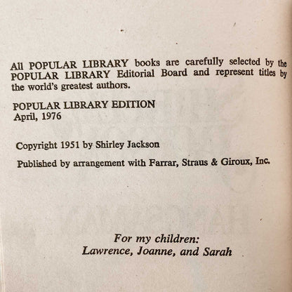 Hangsaman by Shirley Jackson [1976 PAPERBACK]