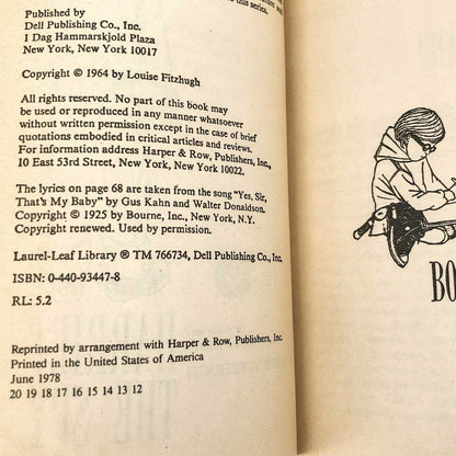 Harriet the Spy by Louise Fitzhugh [1978 PAPERBACK]