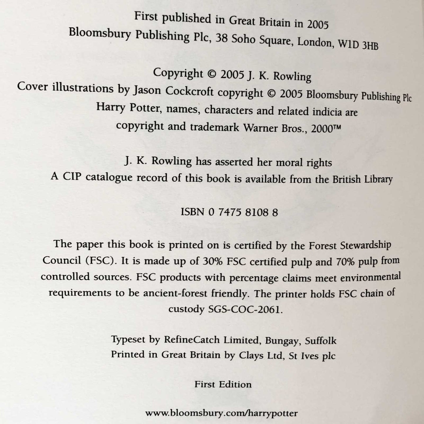 Harry Potter and the Half Blood Prince by J.K. Rowling [U.K. FIRST EDITION / FIRST PRINTING] 2005