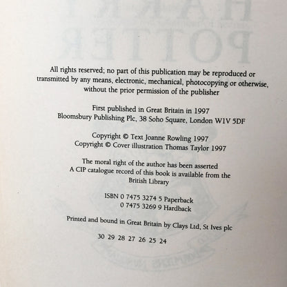 Harry Potter and the Philosopher's Stone by J.K. Rowling [U.K. FIRST EDITION] 1997