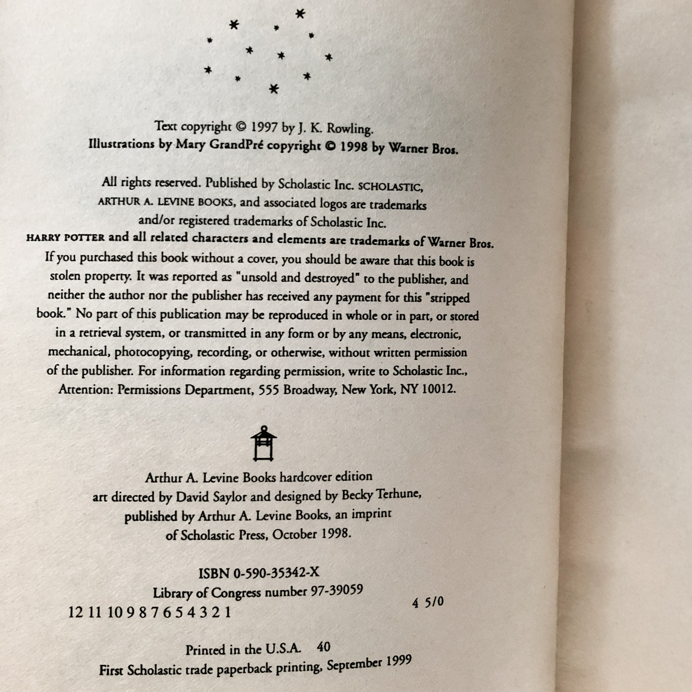 Harry Potter and the Sorcerer's Stone by J.K. Rowling [FIRST U.S. PAPERBACK PRINTING]