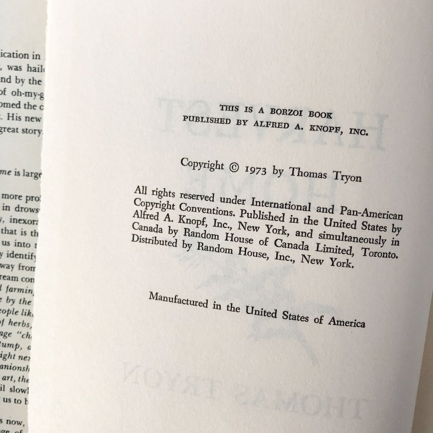 Harvest Home by Thomas Tryon [FIRST BOOK CLUB EDITION / 1973]