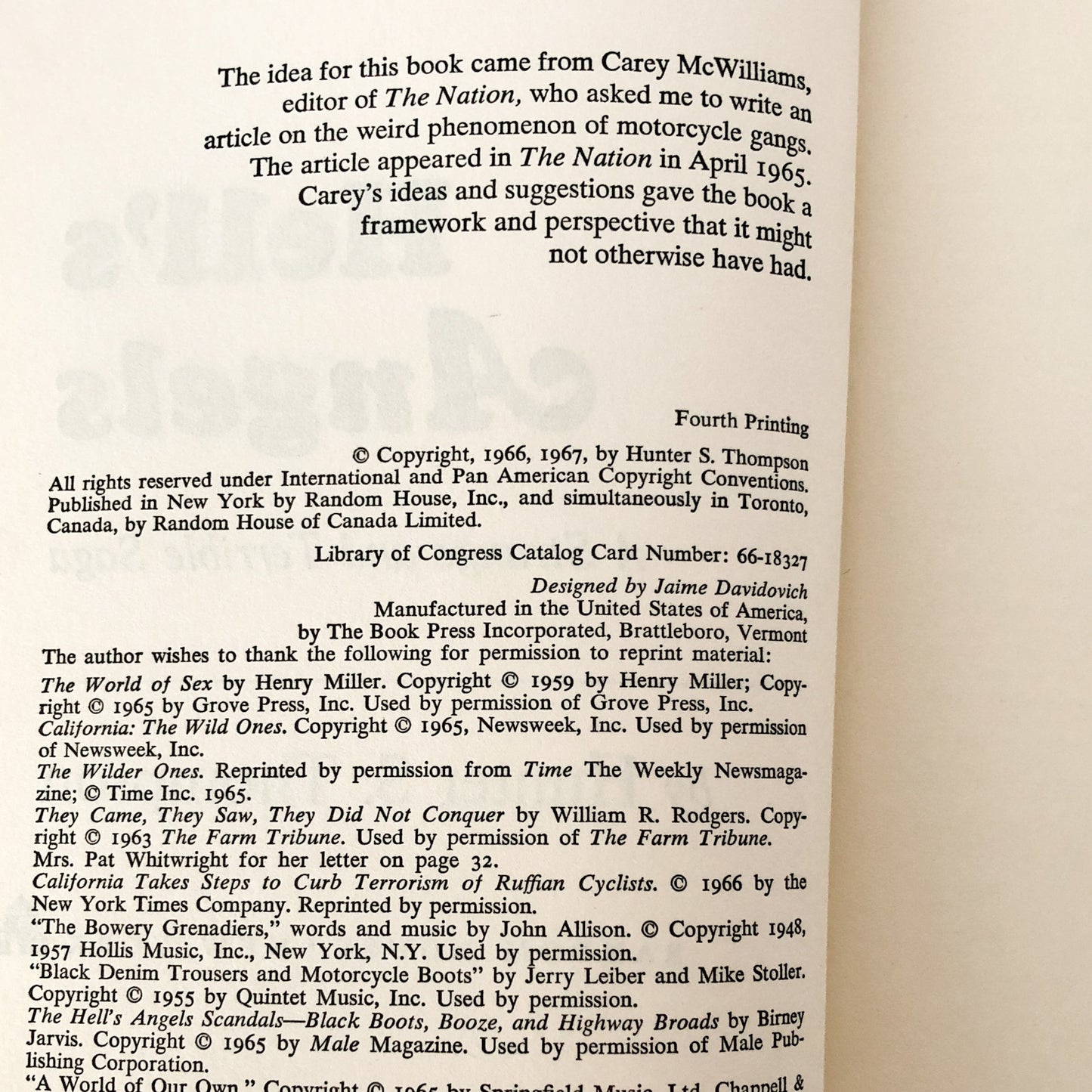 Hell's Angels by Hunter S. Thompson [FIRST EDITION / FOURTH PRINTING] 1967 • Random House