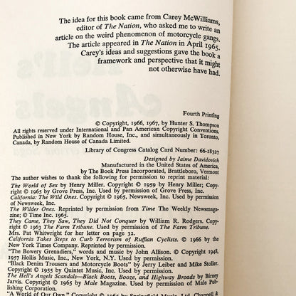 Hell's Angels by Hunter S. Thompson [FIRST EDITION / FOURTH PRINTING] 1967 • Random House