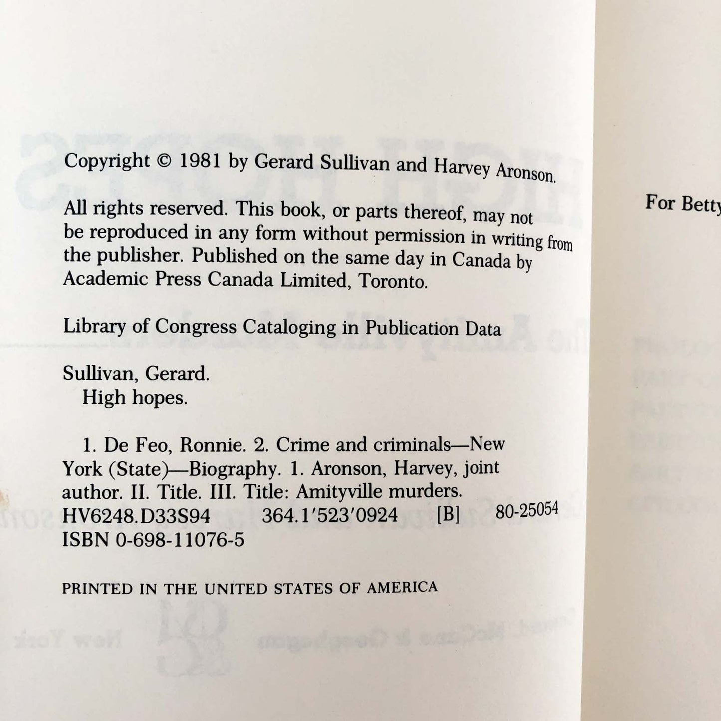 High Hopes: The Amityville Murders by Gerard Sullivan & Harvey Aronson [FIRST EDITION] 1981